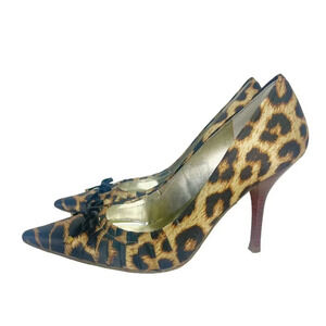 Guess Leopard Print Satin Pumps Black Bows Pointed Toe Heels Women's Size 7